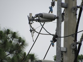 A close-up view of an electrical power line infrastructure, featuring insulators and metal connectors attached to a vertical concrete or metal pole. The background includes partial views of tree branches with green foliage.