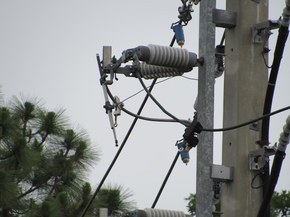A close-up view of an electrical power line infrastructure, featuring insulators and metal connectors attached to a vertical concrete or metal pole. The background includes partial views of tree branches with green foliage.
