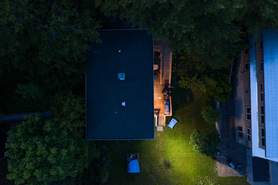 Aerial view of a residential roof with drone perspective