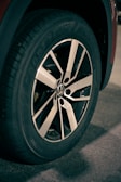 Close-up of the Tesla Model 3's alloy wheels and tire tread