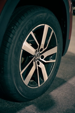 Close-up of the Tesla Model 3's alloy wheels and tire tread
