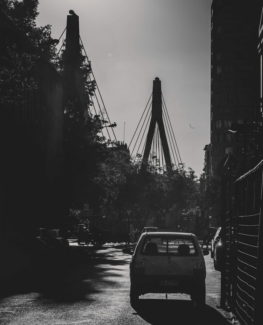 grayscale photo of car on road