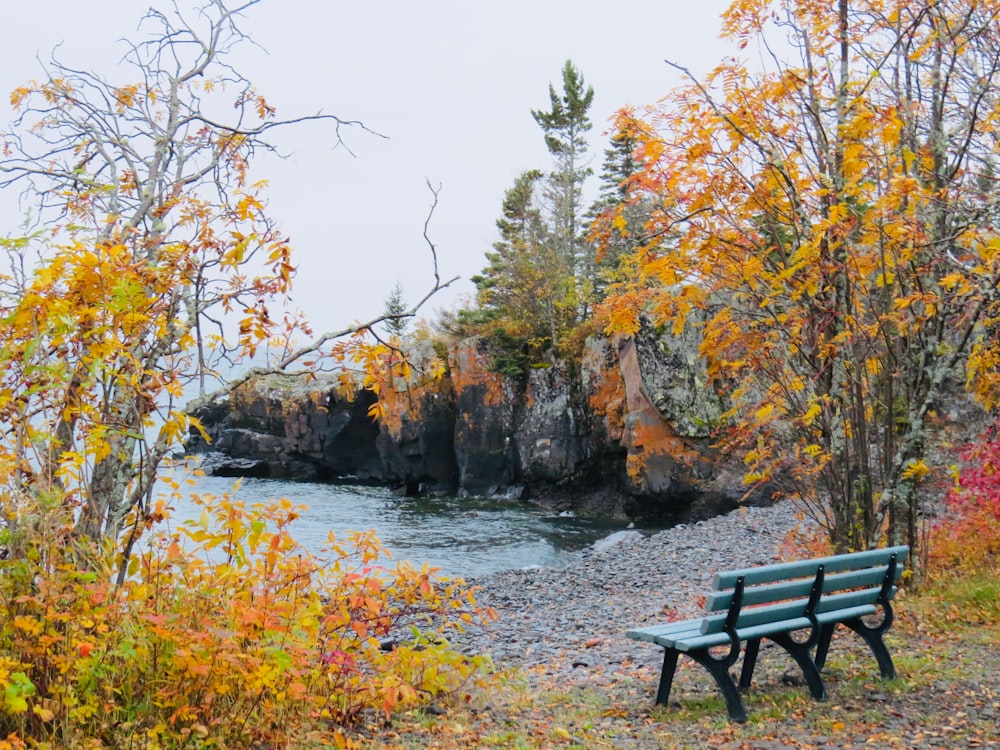 brown wooden bench near river during daytime