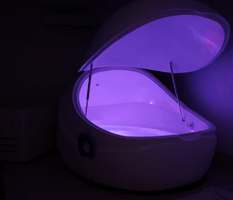 purple and white tent with light