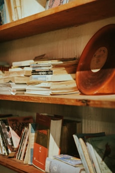 A cozy bookshelf filled with colorful books and unique collectibles like vinyl records and art pieces.