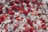 A vibrant collection of various corals closely packed together, displaying a striking contrast between the vivid red and orange corals against the stark white ones. The intricate textures and organic shapes are prominent, with some coral pieces having a porous appearance.