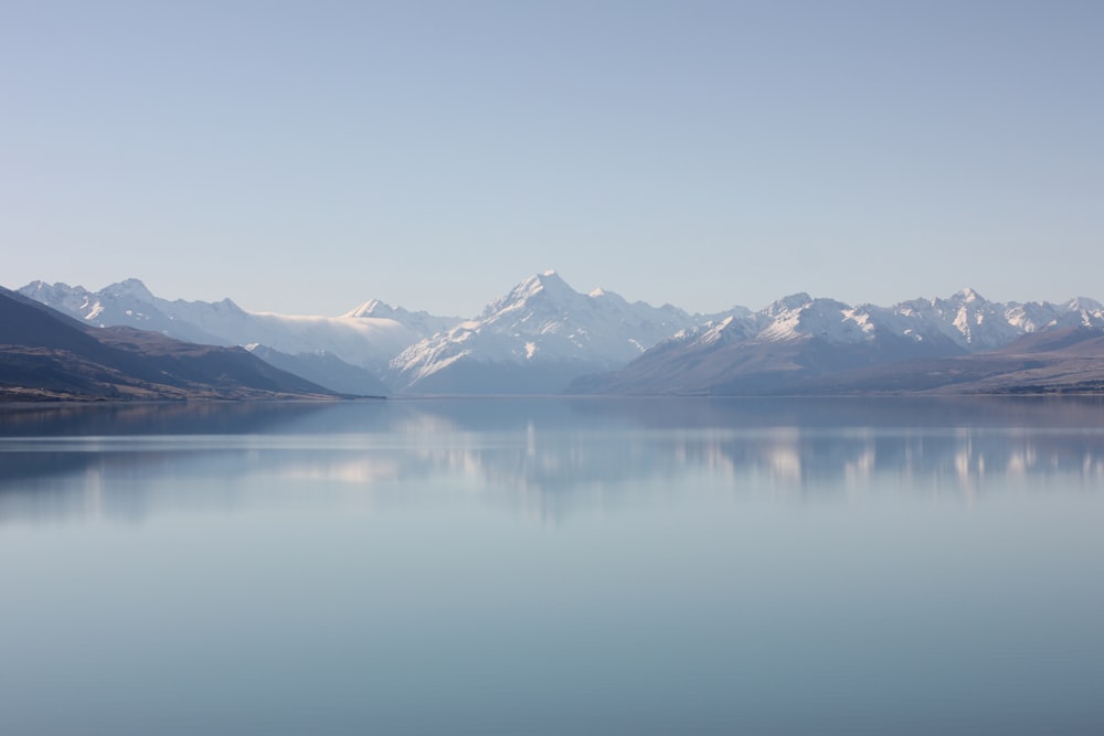 snow covered mountains near lake during daytime