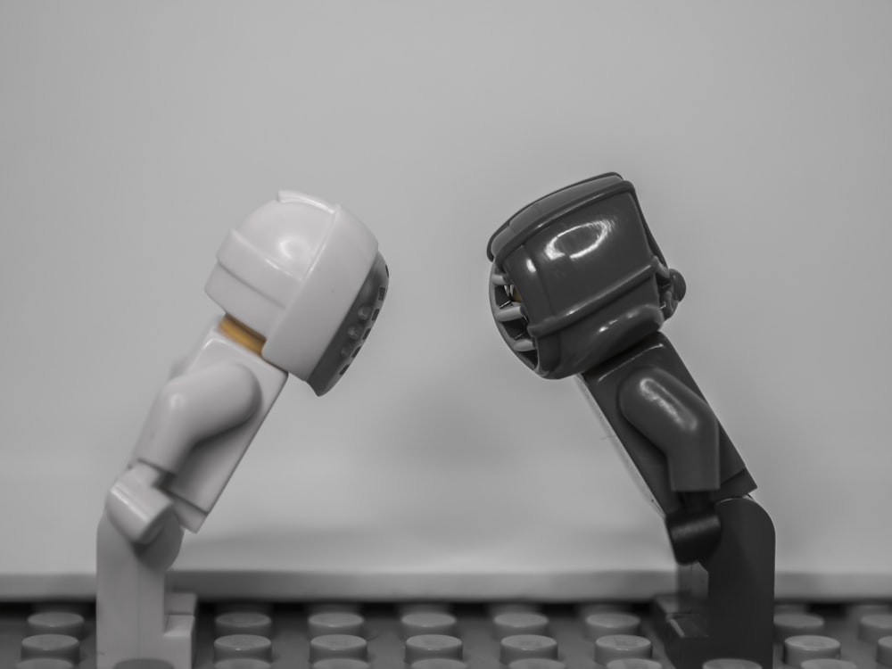 black and white robot toy