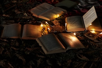 An arrangement of open books lies on the ground amidst brown leaves and twigs. Soft, warm fairy lights are interwoven between the pages, casting a gentle glow on the scene and creating a cozy and magical atmosphere.