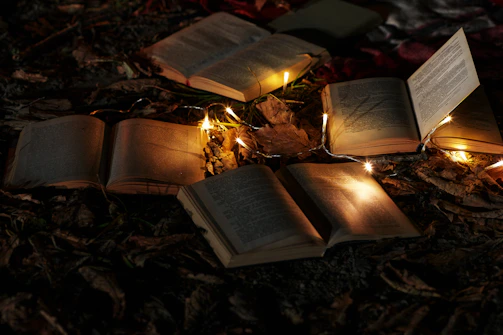 A cozy outdoor book reading event under soft green lights.