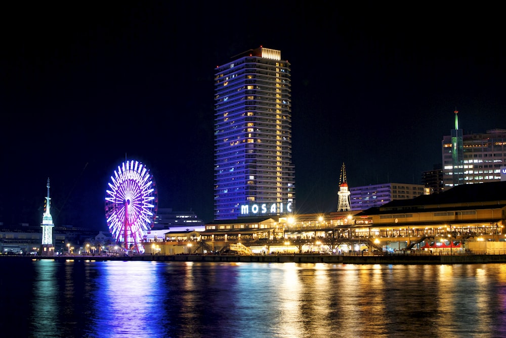 city skyline during night time