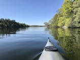 A kayak is gliding through calm waters surrounded by lush greenery and distant buildings. The sky is clear and blue, reflecting on the serene surface of the lake.