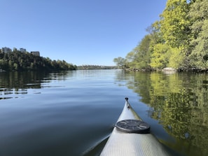 A kayak is gliding through calm waters surrounded by lush greenery and distant buildings. The sky is clear and blue, reflecting on the serene surface of the lake.