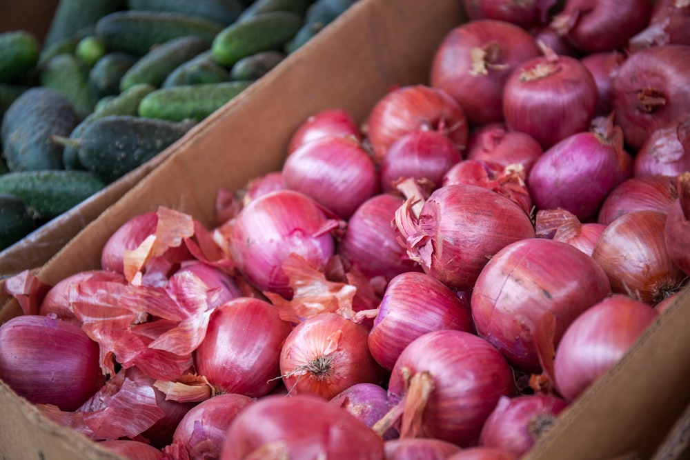 rote Zwiebel auf brauner Holzkiste