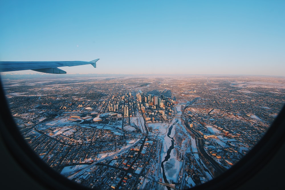 a view of a city from an airplane window