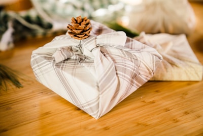 A neatly wrapped gift in a beige plaid fabric is topped with a small pinecone, placed on a wooden surface. In the background, there are blurred elements that suggest a natural or festive setting, possibly involving more gifts or decorative items.