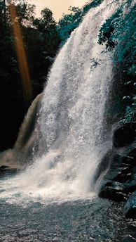 A vibrant waterfall cascading through a lush green forest, sunlight filtering through the trees.