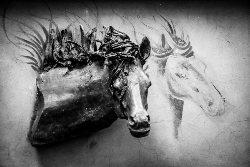 grayscale photo of horse head