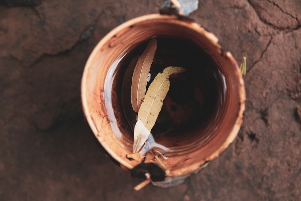 brown wooden round container with white powder