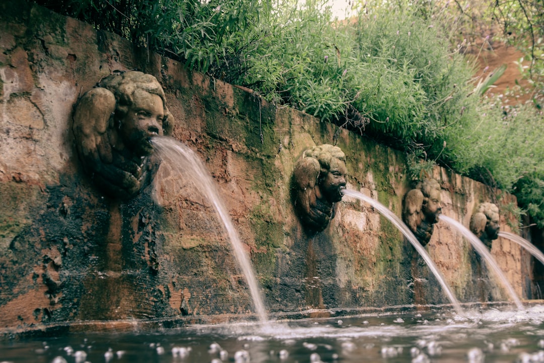 water fountain in the middle of green moss covered rocks