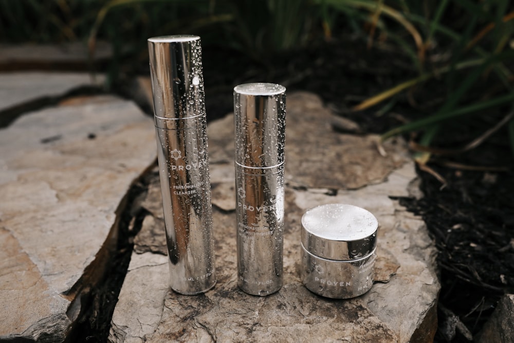 silver condiment shakers on brown soil