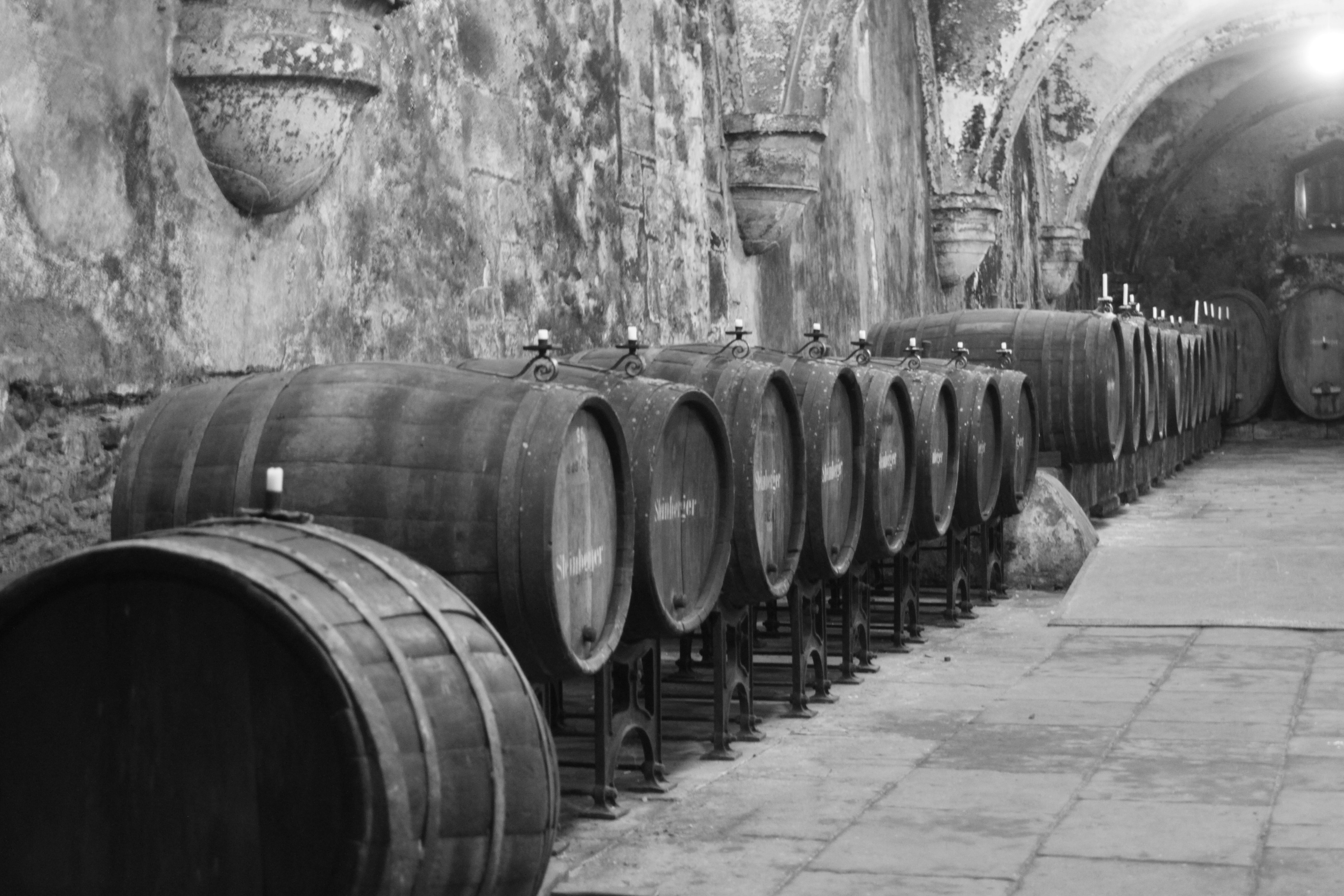 Interior of traditional Bordeaux wine cellar with rows of oak barrels stacked in dim candlelight, deep stone walls, dark shadows