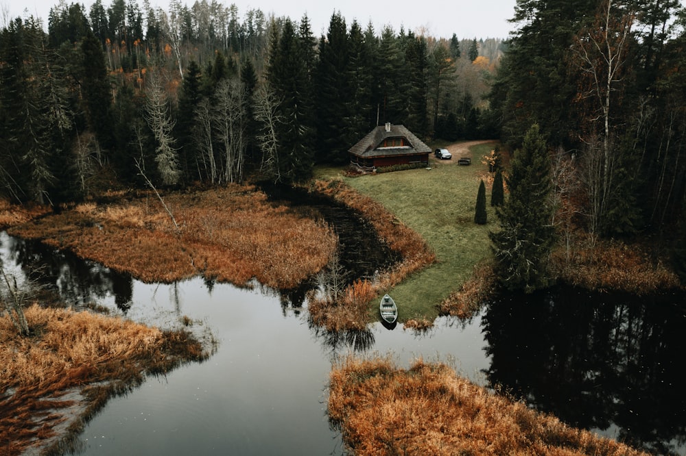 brown wooden house near lake surrounded by green trees during daytime