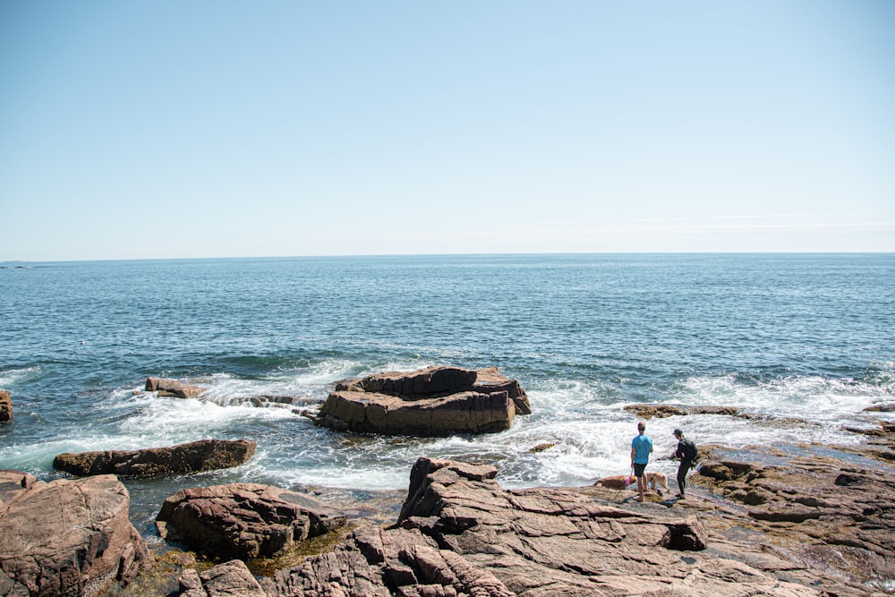 2 person standing on rocky shore during daytime