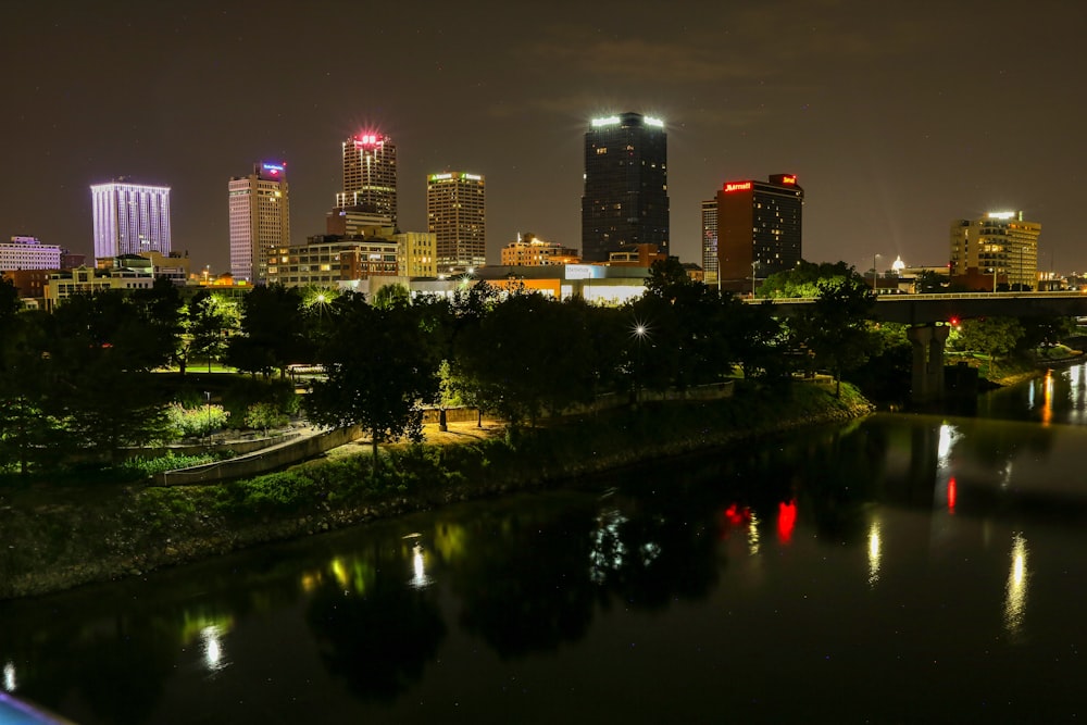 city skyline during night time