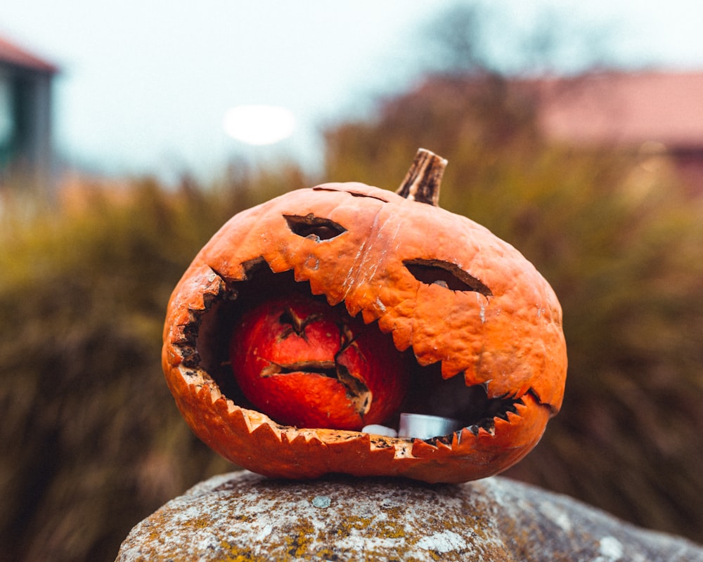 jack o lantern on gray rock during daytime