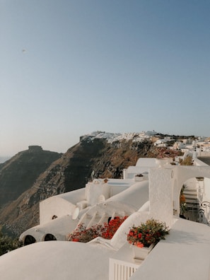 Whitewashed village houses with bright blue shutters perched on a cliff by the sea.