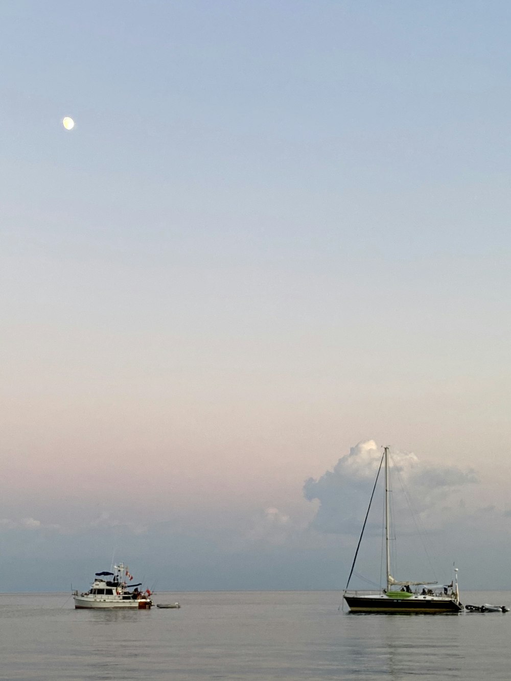 昼間は灰色の空の下、海に浮かぶ白と黒のボート