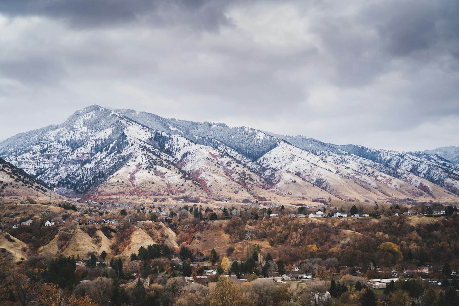 Snow-capped Utah mountains above a valley town near Salem, UT homes for sale