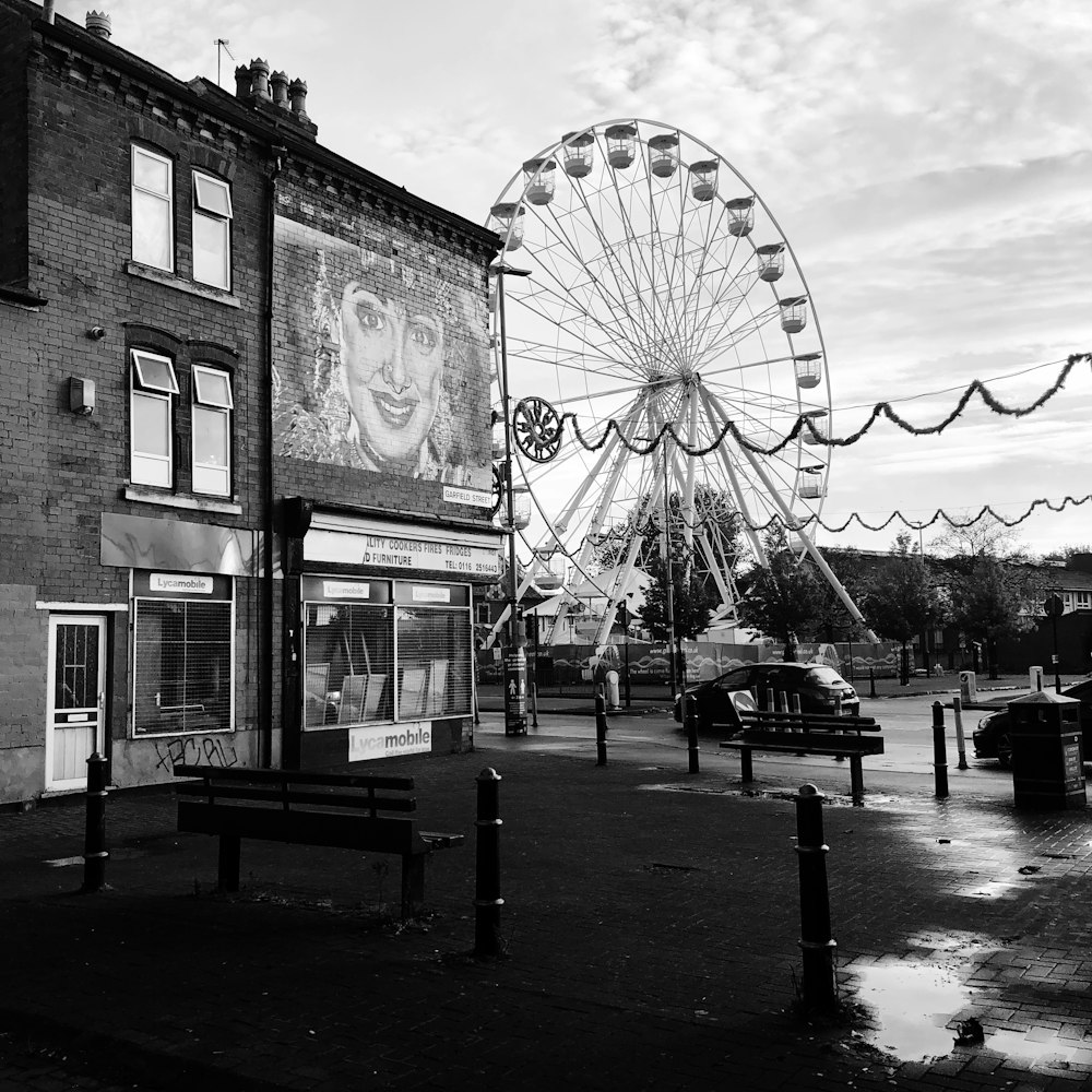 grayscale photo of ferris wheel