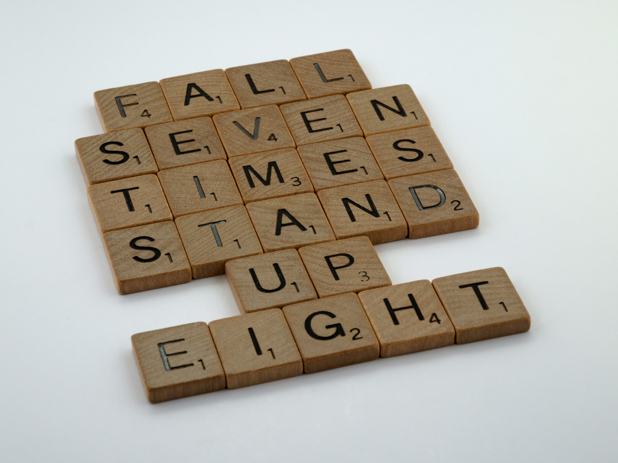 scrabble, scrabble pieces, lettering, letters, wood, scrabble tiles, white background, words, quote, perseverance, resilience, fortitude, keep going, fall seven times stand up eight, wisdom, never give up, never surrender, 