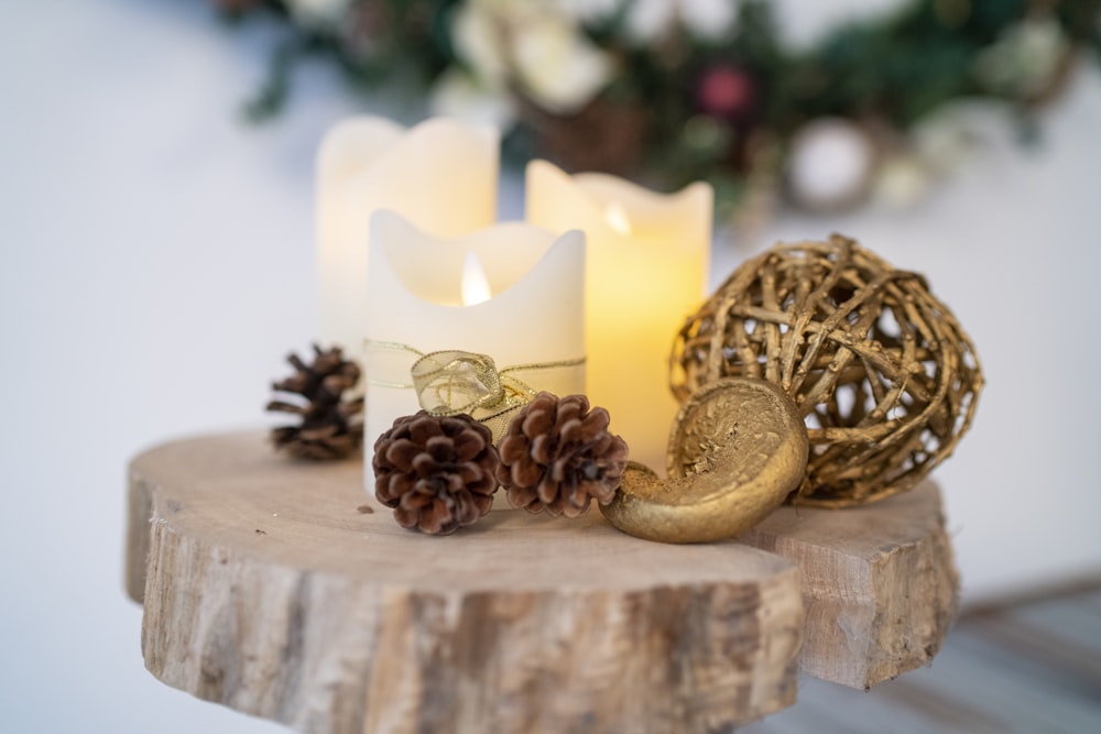 brown pine cone beside white pillar candle