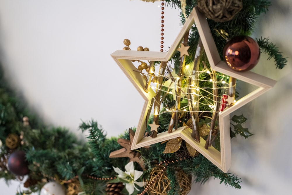 white wooden frame with christmas tree ornament