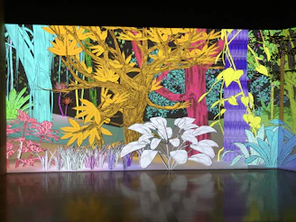 A vibrant, detailed illustration of a whimsical forest scene filled with animals and flowers.