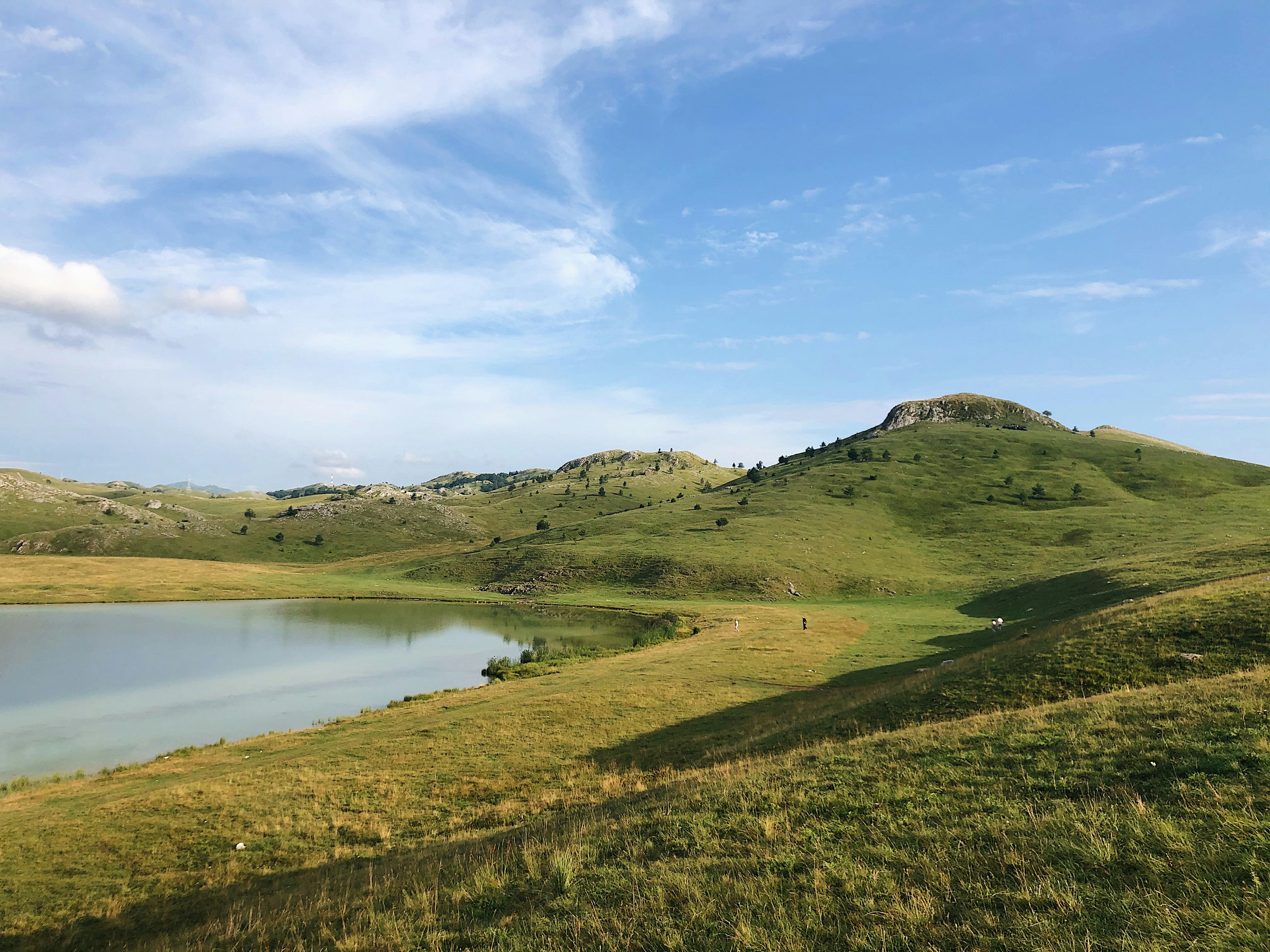 Campo de hierba verde cerca del lago bajo el cielo azul durante el día