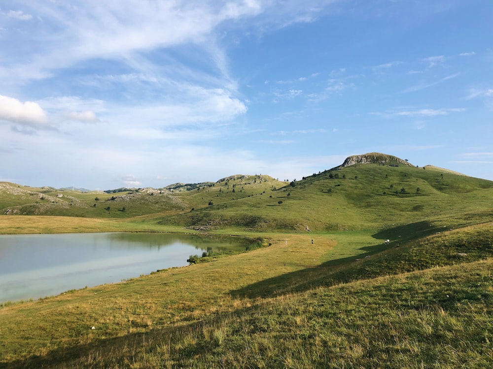 campo de grama verde perto do lago sob o céu azul durante o dia