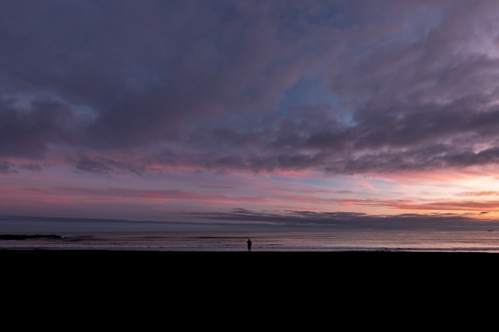 silhouette of person standing on seashore during sunset