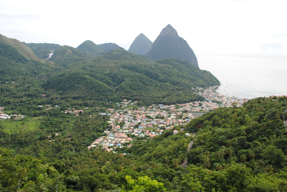 houses on mountain near body of water during daytime