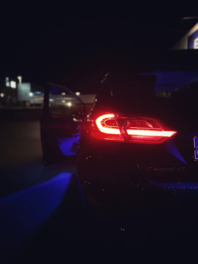 Elegant chauffeur opening car door at dusk with warm bronze city lights in the background.