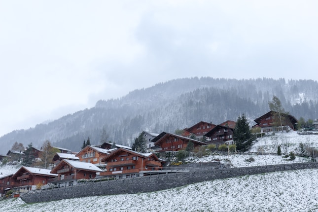 Wooden chalets scattered across a snowy hillside with a backdrop of pine-covered mountains. The scene is tranquil with a light dusting of snow on the roofs and ground, creating a serene winter atmosphere. Sparse trees and evergreen shrubs are visible, adding touches of green against the white snow.