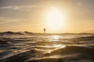 Early morning light casting golden hues on rolling waves and a lone surfer paddling out.