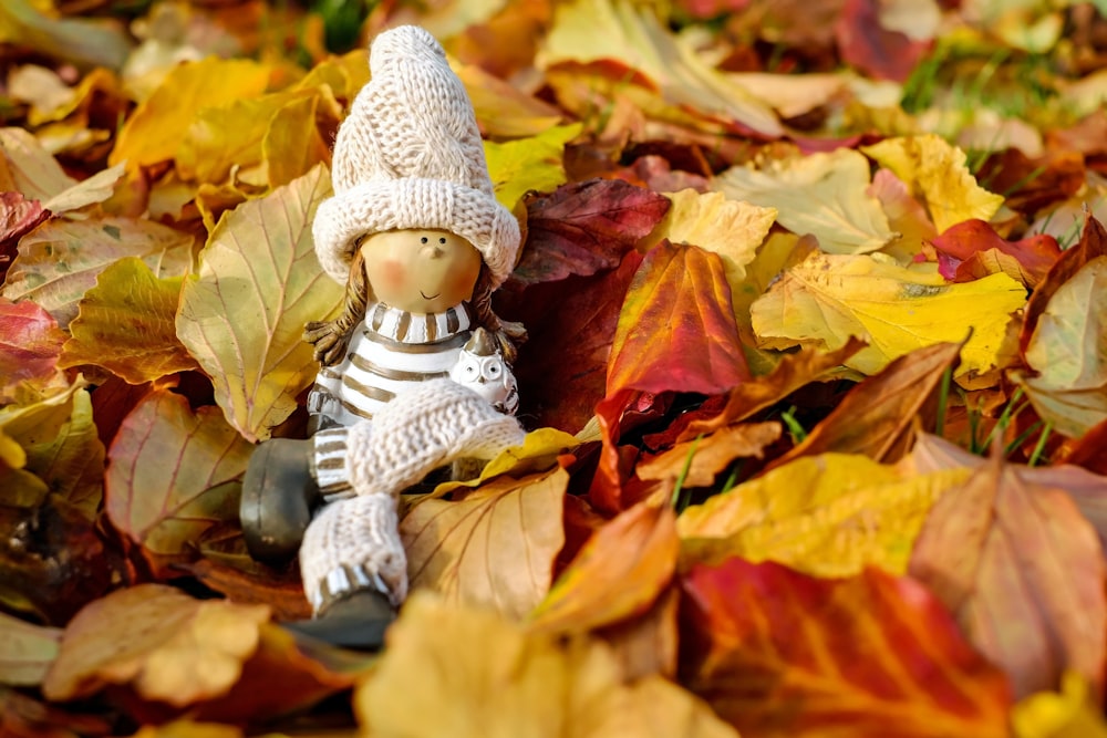 child in white knit cap and white and black stripe jacket sitting on dried leaves