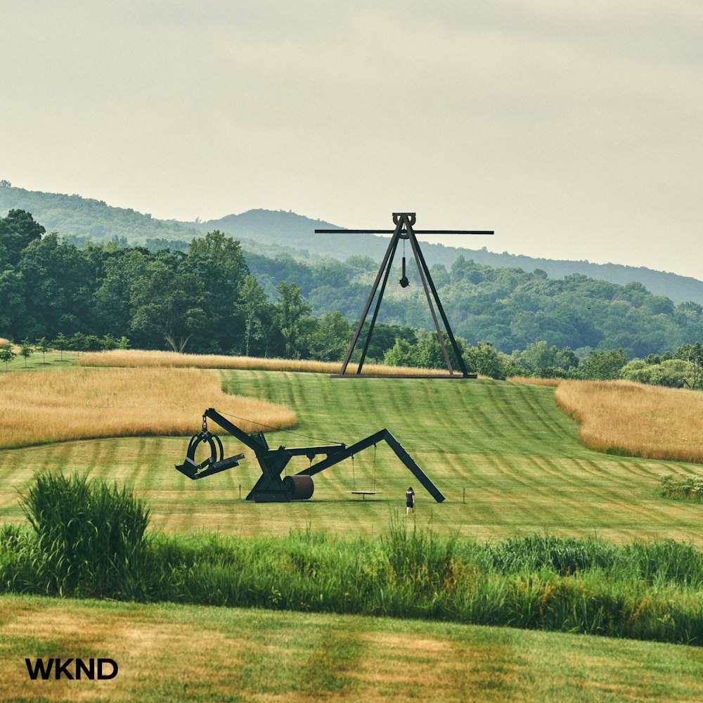 black and gray camera tripod on green grass field during daytime