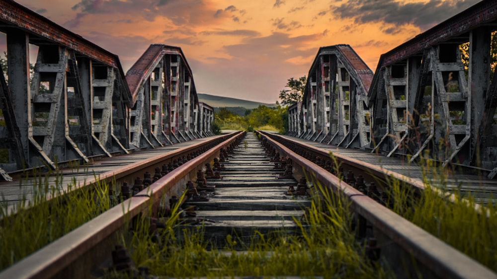 rail de train entre un champ d’herbe verte au coucher du soleil