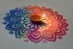 red heart shaped ornament on white and blue paisley textile