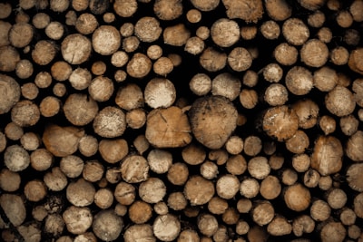 A tightly packed stack of cut wooden logs of varying diameters. The logs have rough surfaces and are arranged in a compact, orderly manner. The colors range from light beige to dark brown, showing the natural texture of the wood.